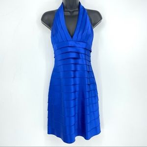 BCBGMaxazria Halter Blue Ruffle Dress Mesh Lined V-Neck Electric Blue Mini Dress